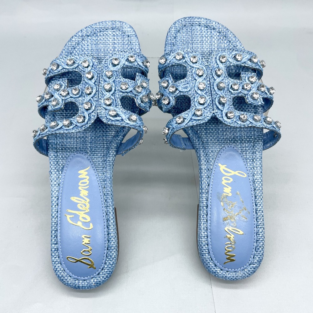 Sam Edelman Womens 6 Bay Jewel Raffia Slide Sandals Shoes Blue Crystal Embellish - Picture 7 of 12